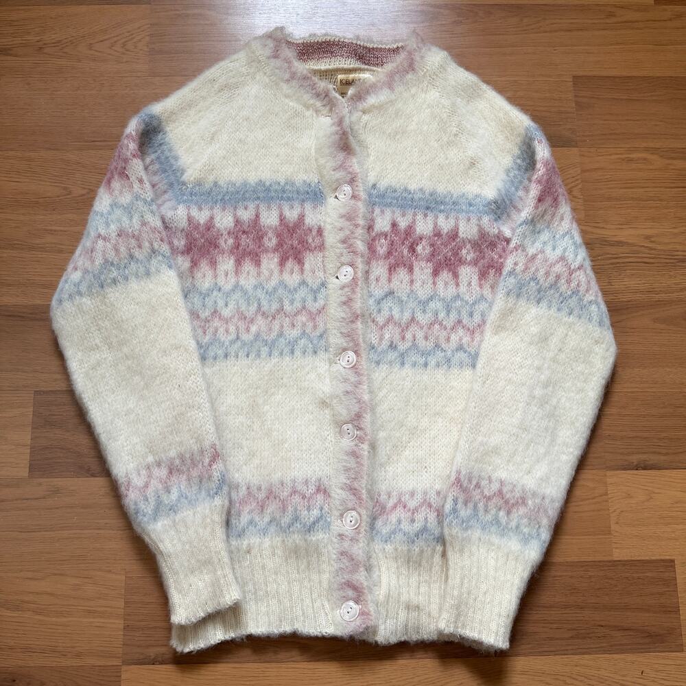 Women's Vintage 80's Icelandic White Blue Pink Wool Cardigan Sweater Sz Medium